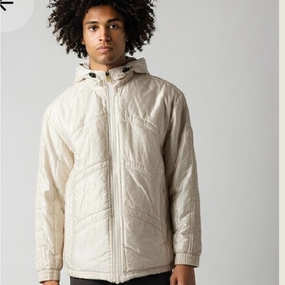 Adidas‎ Men's 3 Stripe Satin Pleather Puffer Hooded Ivory Zip Up Quilted Jacket